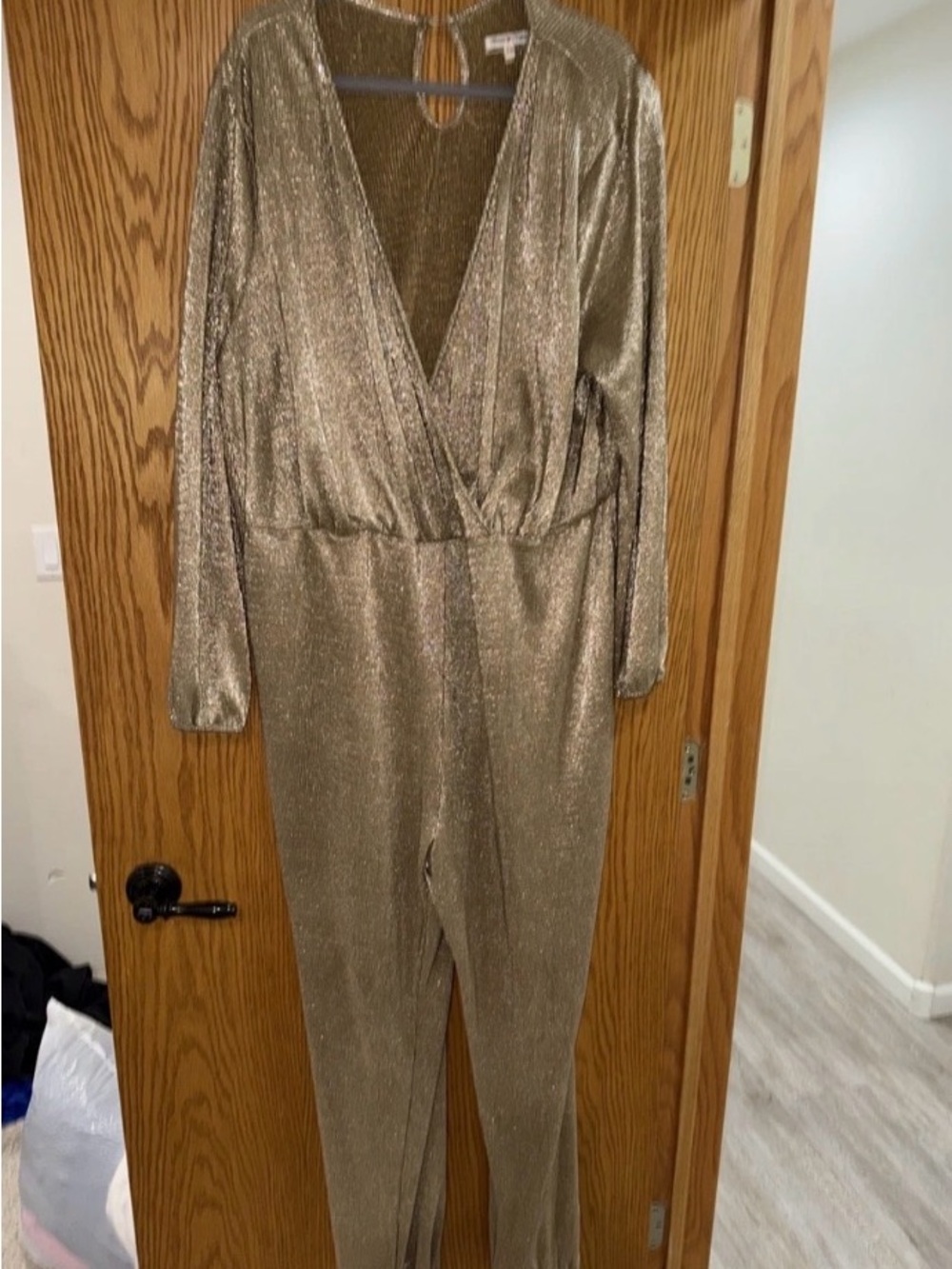 Disco Shimmery Gold Long-Sleeve V-Neck Jumpsuit, 3XL